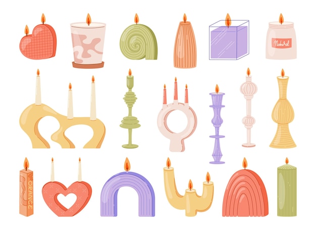 Vector decorative interior multicolored candles with a flame set of vector isolated flat illustrations home