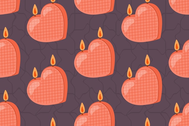 Decorative interior red flat candle in the shape of a heart with a flame Vector seamless cartoon pattern