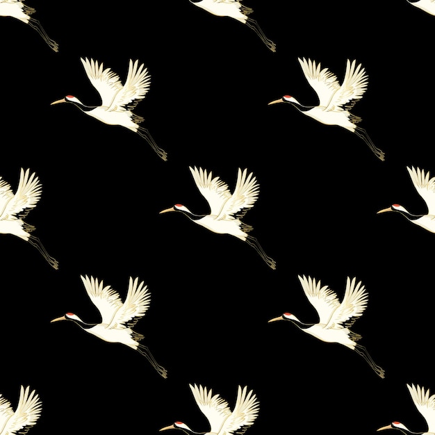 Decorative kimono floral motif background pattern with crane and flowers