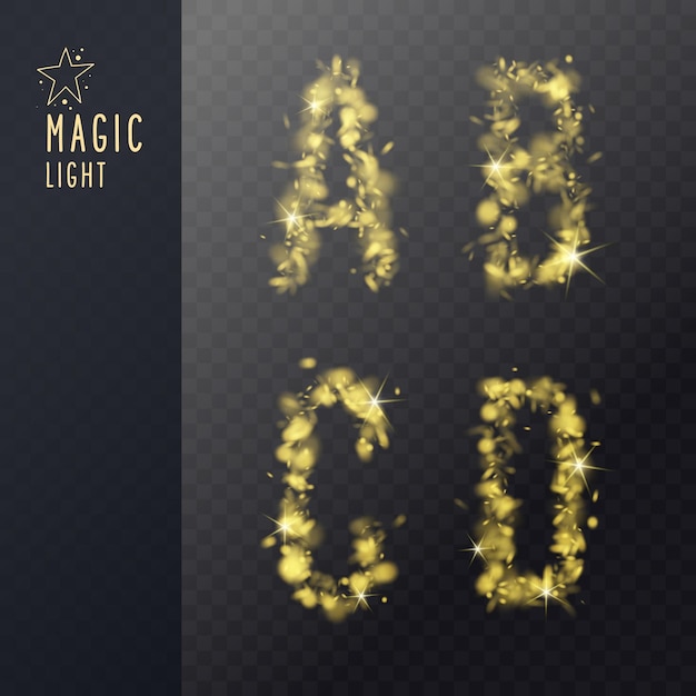 Vector decorative letters of the latin alphabet capital letters consisting of transparent gold particles