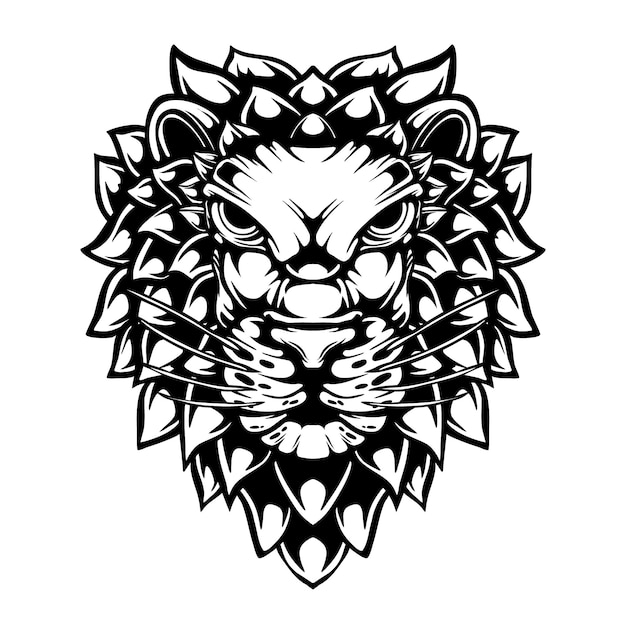 Decorative line drawing of a lion head