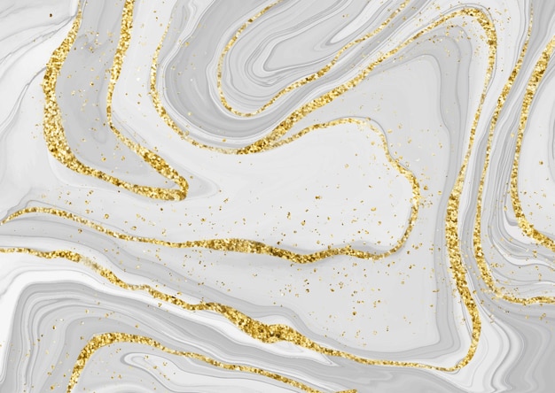 Decorative liquid marble background with gold glittery elements