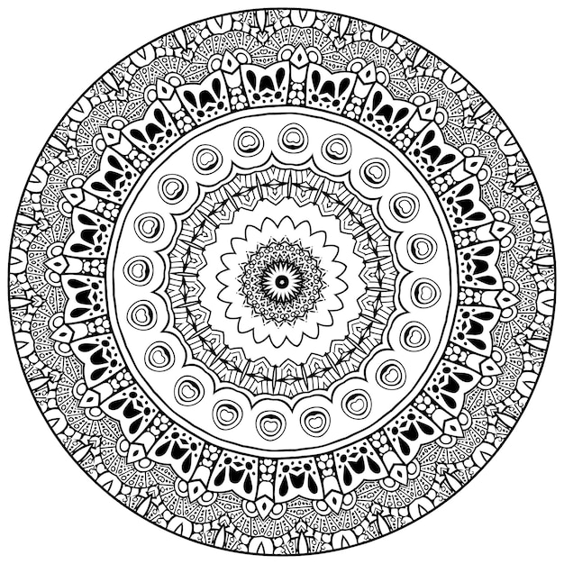 Mandala decorativo con elementi marini e onde su sfondo bianco isolato. per libro da colorare