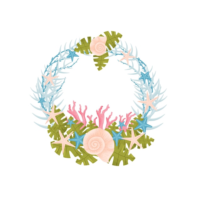 Decorative marine wreath of blue branches with pink shells vector illustration