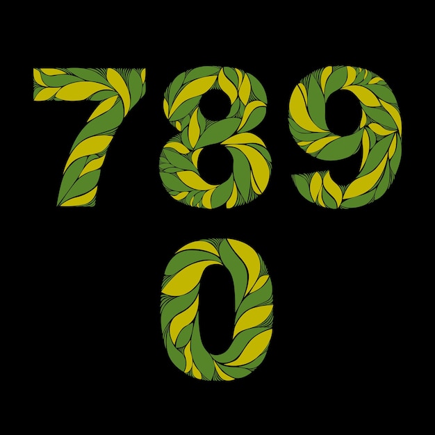 Decorative numerals with natural pattern. Flowery green ecology style digits, calligraphic numbers.