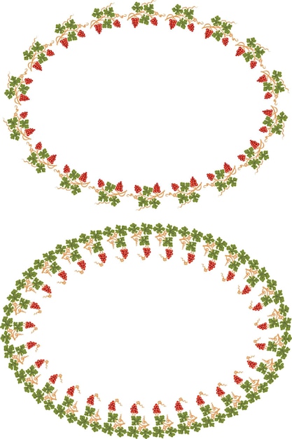 Вектор Декоративные овальные рамки из ветвей виноградной лозы со спелыми ягодами винограда