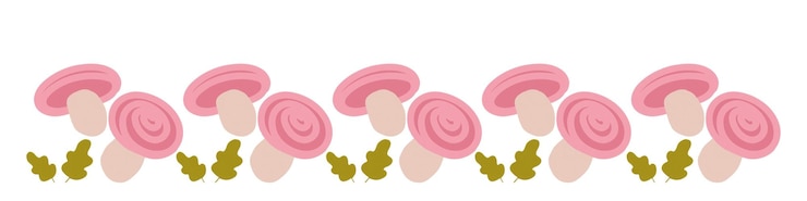 Vector decorative pattern of pink mushrooms with green leaves on a white background