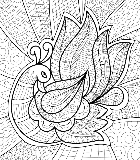 Vector decorative peacock coloring book page with henna style