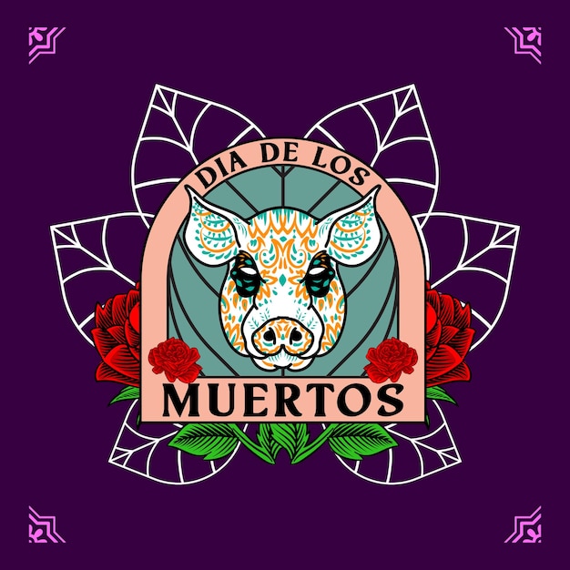 Decorative pig head day of the dead mexico illustration