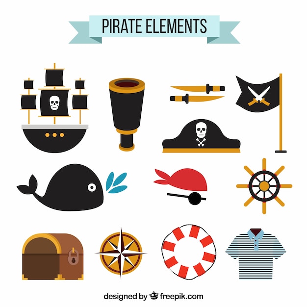 Decorative pirate items in flat design