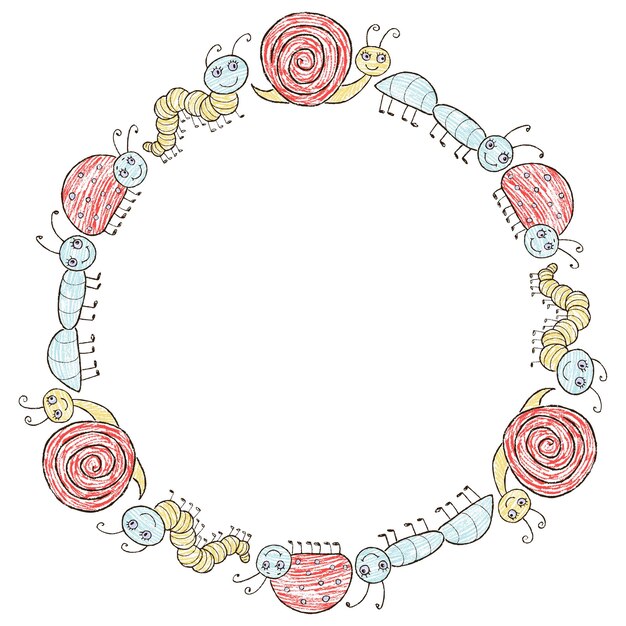 decorative round border of cartoon drawn insects