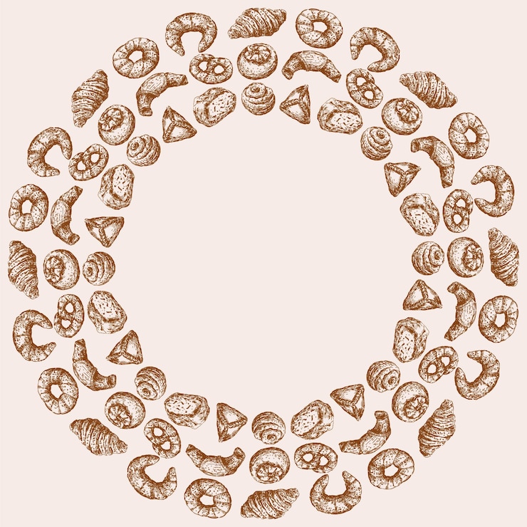 Vector decorative round border of sketches various bakery products