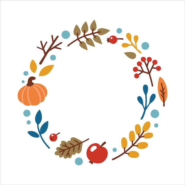 Decorative round frame with autumn elements leaves pumpkin apple berries vector illustration in doodle style