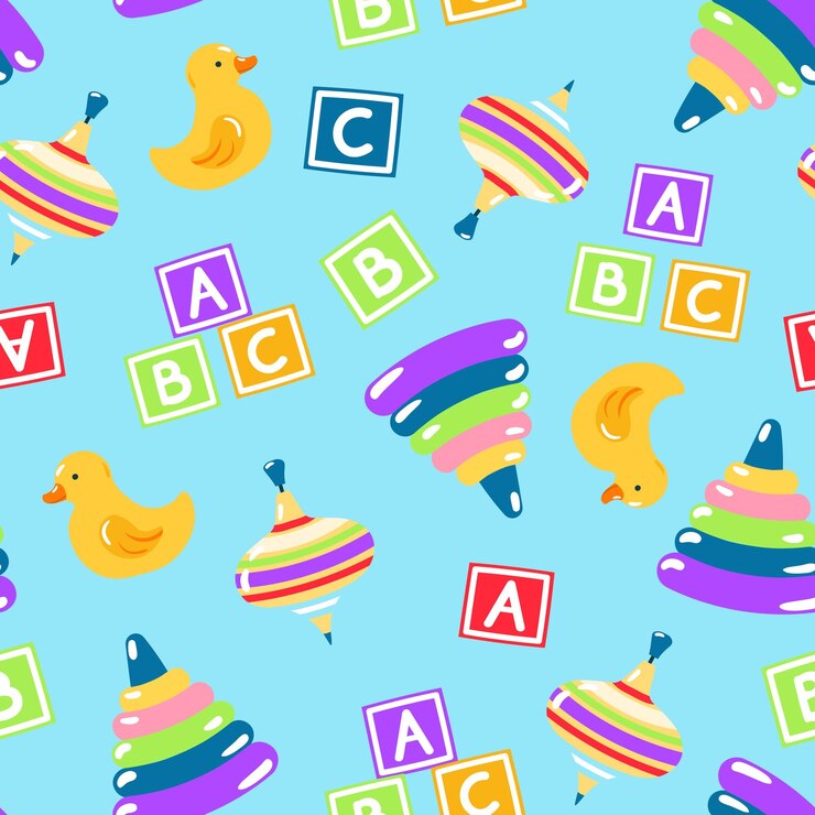 Vector decorative seamless pattern with cartoon kids toys on blue background