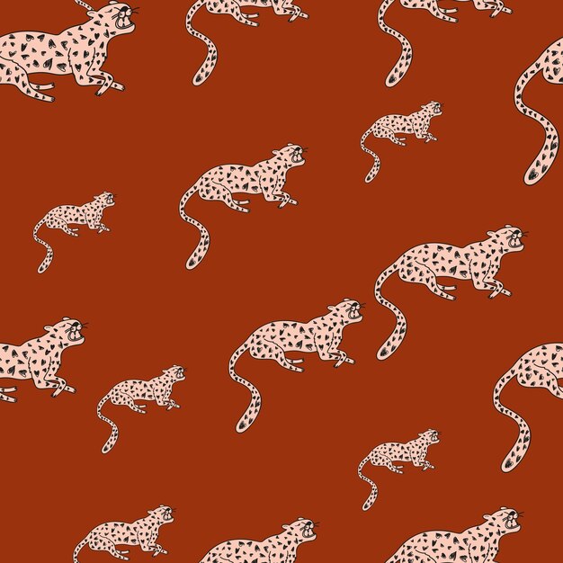 Vector decorative seamless pattern with doodle cute leopard hand drawn cheetah endless wallpaper