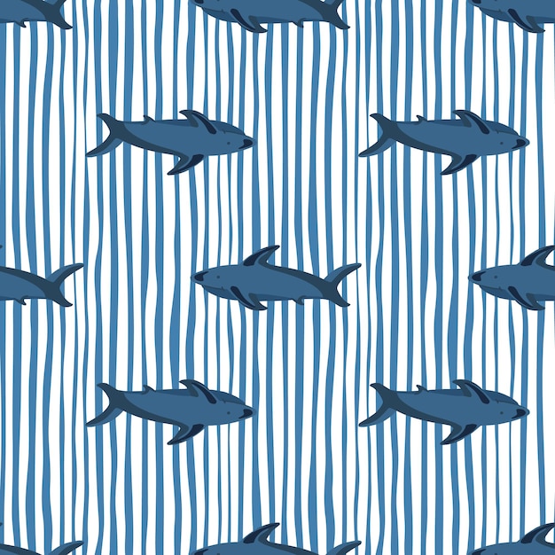 Vector decorative seamless pattern with navy blue shark shapes. white and blue striped background. simple print.