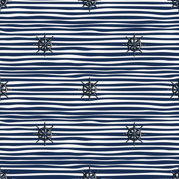 Decorative seamless pattern with ship helm elements. striped navy blue background. simple style.