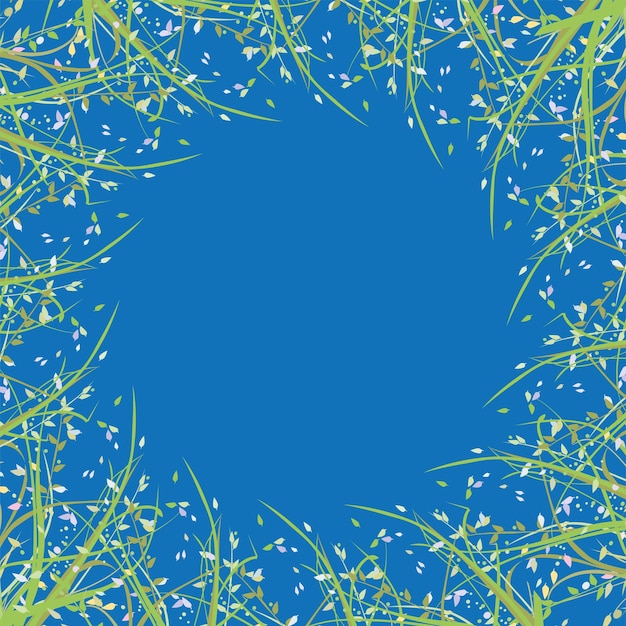 Decorative square border from grass and leaves on blue background