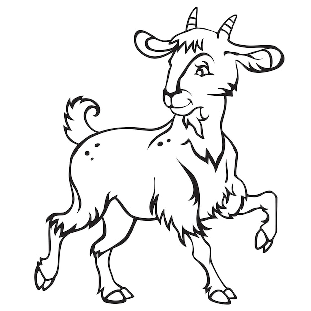 Decorative standing funny cartoon goat kid. monochrome vector illustration in black color isolated on white background.
