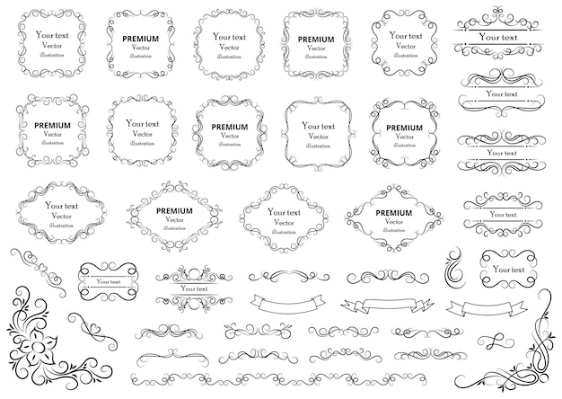 Vortici decorativi o pergamene cornici vintage fioriscono etichette e divisori illustrazione vettoriale retrò