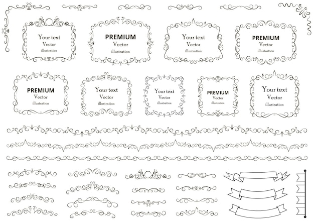 Vortici decorativi o pergamene cornici vintage fioriscono etichette e divisori illustrazione vettoriale retrò