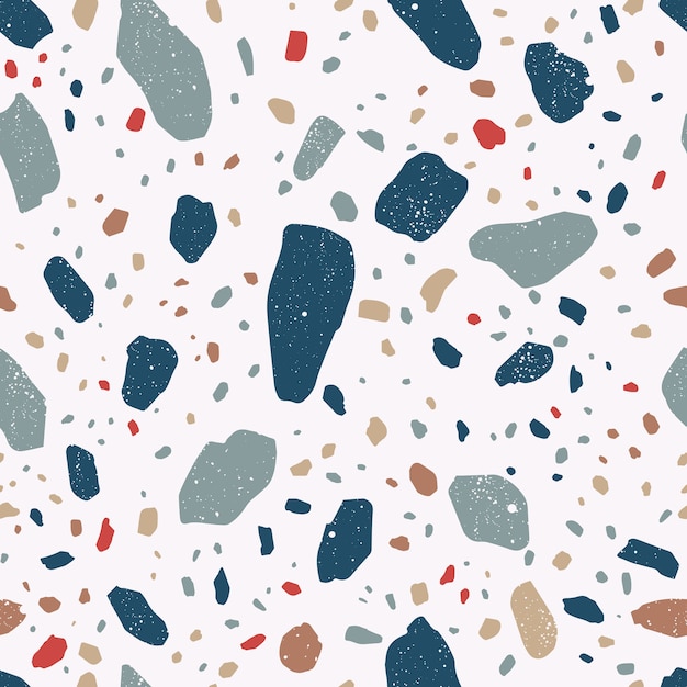 Trama di terrazzo decorativo. modello senza cuciture con frammenti di roccia minerale colorati sparsi su bianco