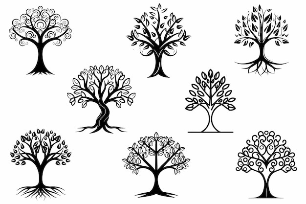 Decorative Trees Set Outline Vector Illustration On White Background