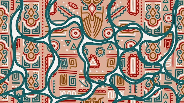 ファッションとテキスタイル プリントのためのアフリカの抽象的なシンボル ベクトル図と装飾的な部族のパターン