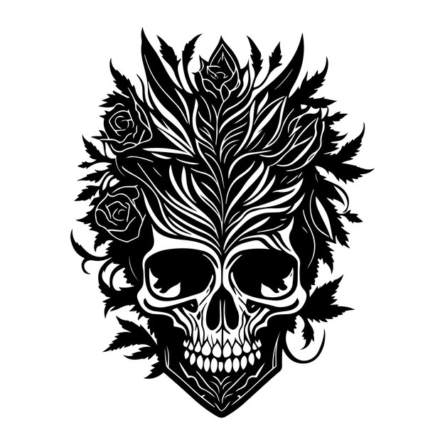 Decorative tribal skull with floral design black outline vector on white background