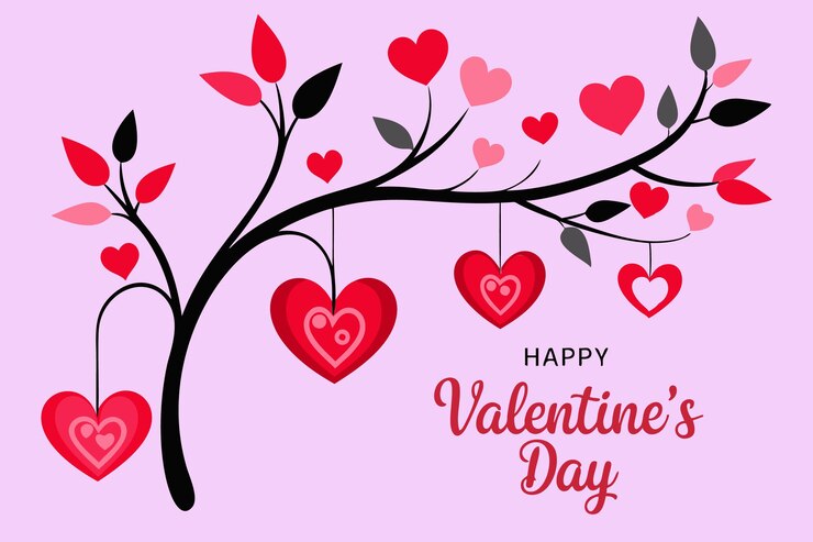 Vector decorative valentine heart tree with romantic elements and hanging ornaments