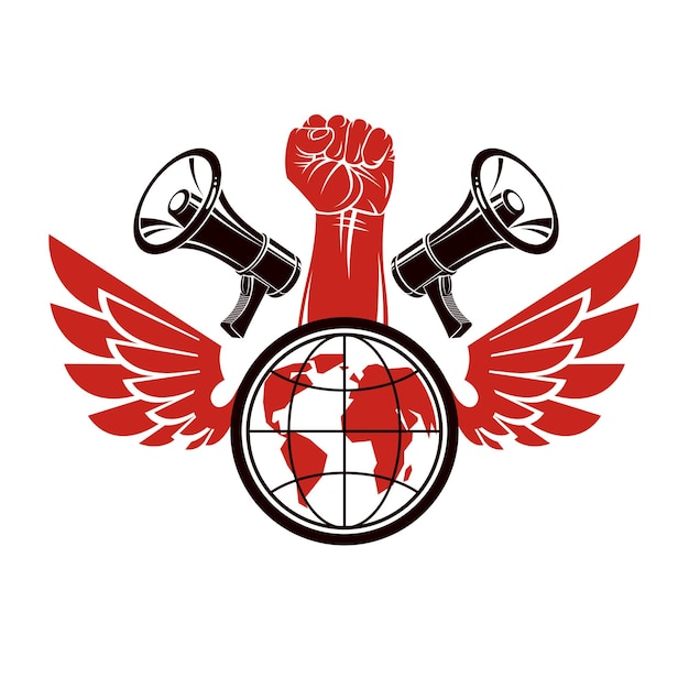 Decorative vector emblem composed with muscular raised clenched fist holding globe, liberty wings and megaphones. Global authority as the means of political and social influence.