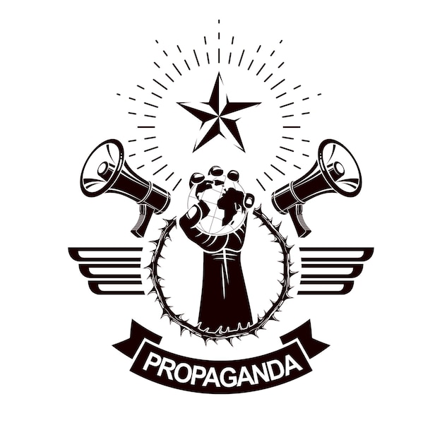 Decorative vector emblem composed with muscular raised clenched fist holding globe, thorn wreath and megaphones. Politics and authority as the components of propaganda.