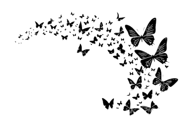 a decorative vector illustration featuring a swirling pattern of black butterflies in flight symbolizing beauty and freedom