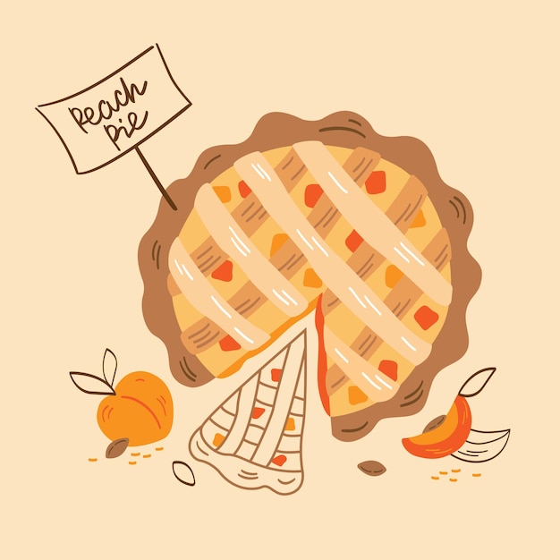 Decorative vector illustration of peach pie and peaches