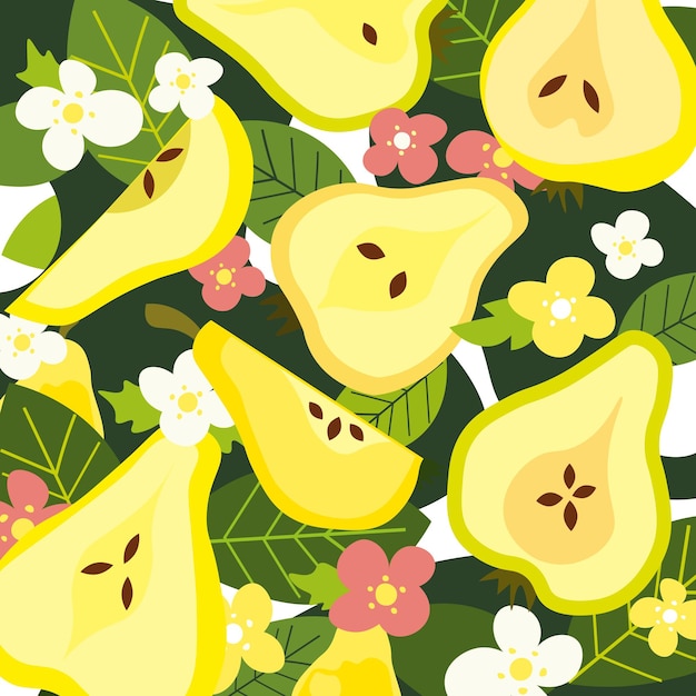 Decorative vector pattern with yellow pears and spring  flowers