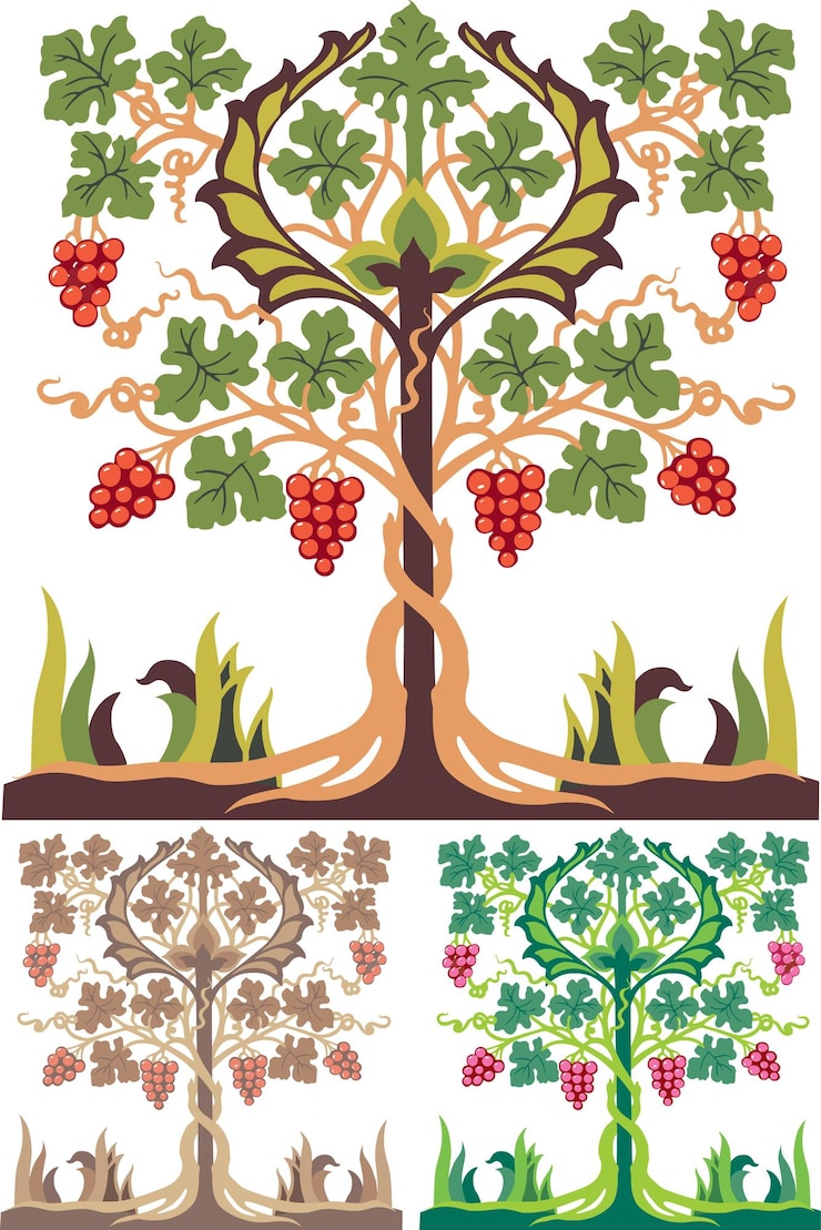 Vector decorative vintage tree with vine ripe grape