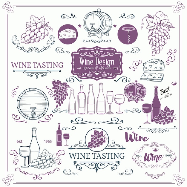 Decorative vintage wine icons. Ink vintage  for wine shop.   elements of wine and calligraphy swirl for the  of wine labels cards brochures.