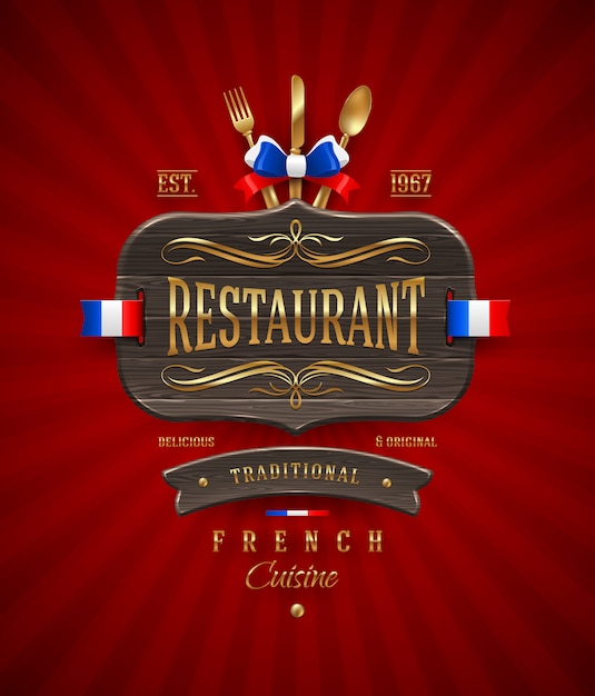 Decorative vintage wooden sign of French restaurant with golden decor and lettering