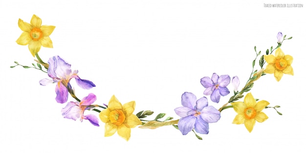 Vector decorative watercolor arc with spring flowers