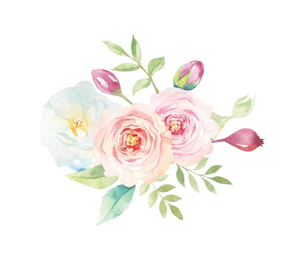 Illustrazione floreale di fiori decorativi ad acquerello foglia e boccioli composizione botanica per matrimonio o biglietto di auguri ramo di fiori astrazione rose romantico