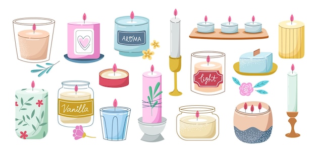 Vector decorative wax and paraffin candles with different candlesticks interior cozy objects glass jars ceramic vessels substrates vector set