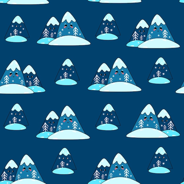 Decorative winter pattern with cute cartoon characters of mountains