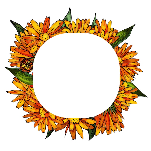 Decorative wreath of calendula Cute greeting card wedding invitation birthday easter