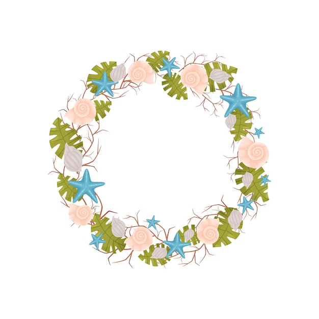 Decorative wreath of marine themes from thin branches with green algae vector illustration