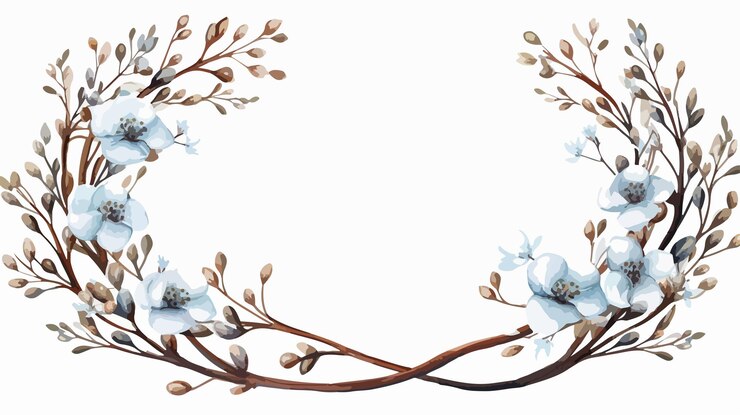 Vector decorative wreath with dry branches and white buds