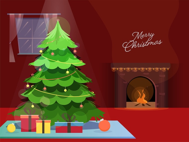 Albero di natale decorativo con scatole regalo e caminetto su sfondo rosso per la celebrazione del buon natale.