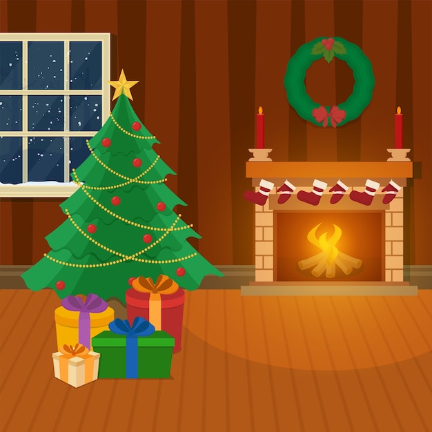 茶色のインテリアビューの背景にギフトボックス、花輪、暖炉のある装飾的なクリスマスツリー。