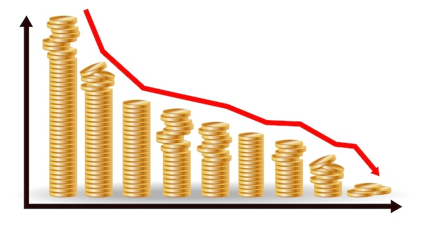 decreasing piles of coins with going down graph concept for financial fall