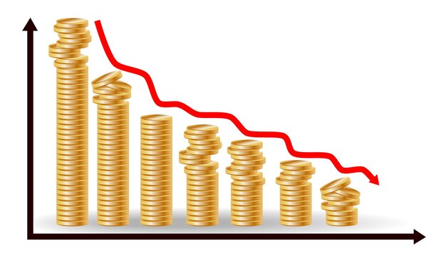 decreasing piles of coins with going down graph concept for financial fall