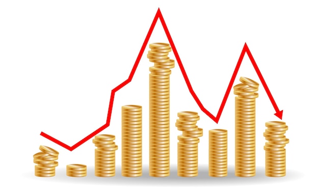 decreasing piles of coins with going down graph concept for financial fall